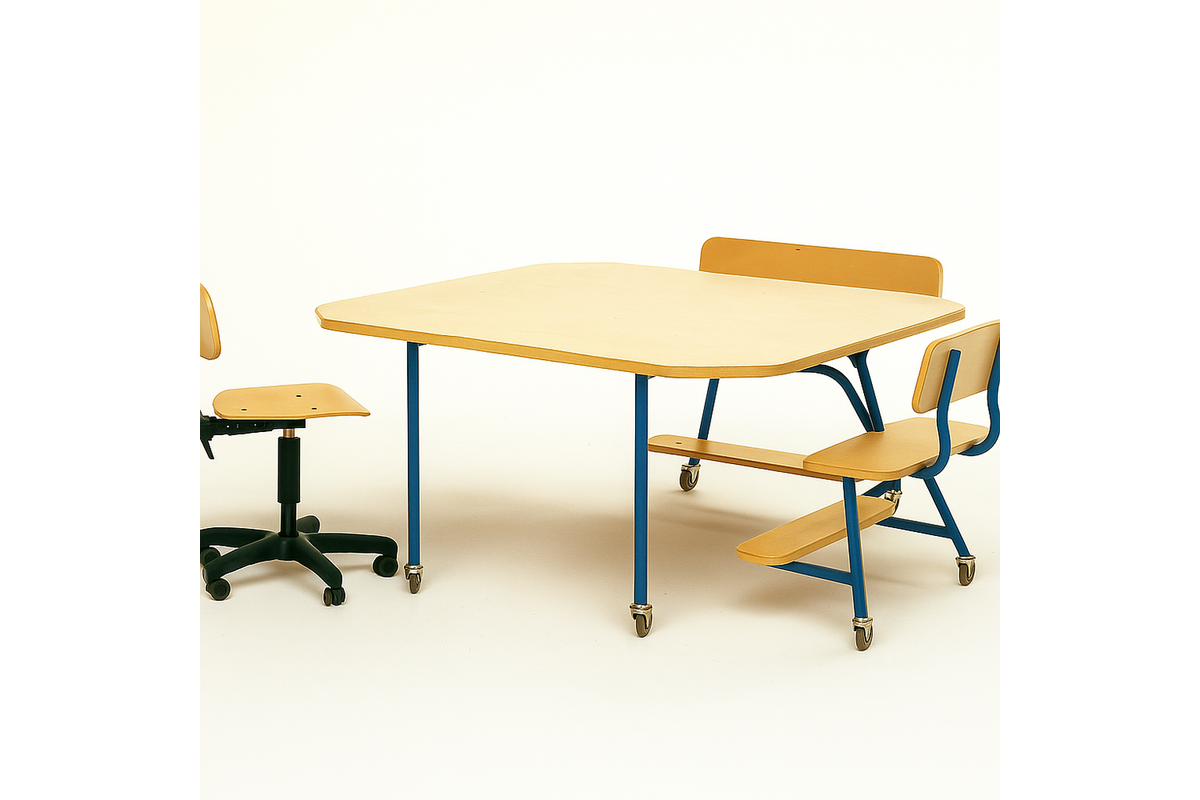 Peuterinstructietafel met 2 banken, blauw onderstel en berkenstructuur blad