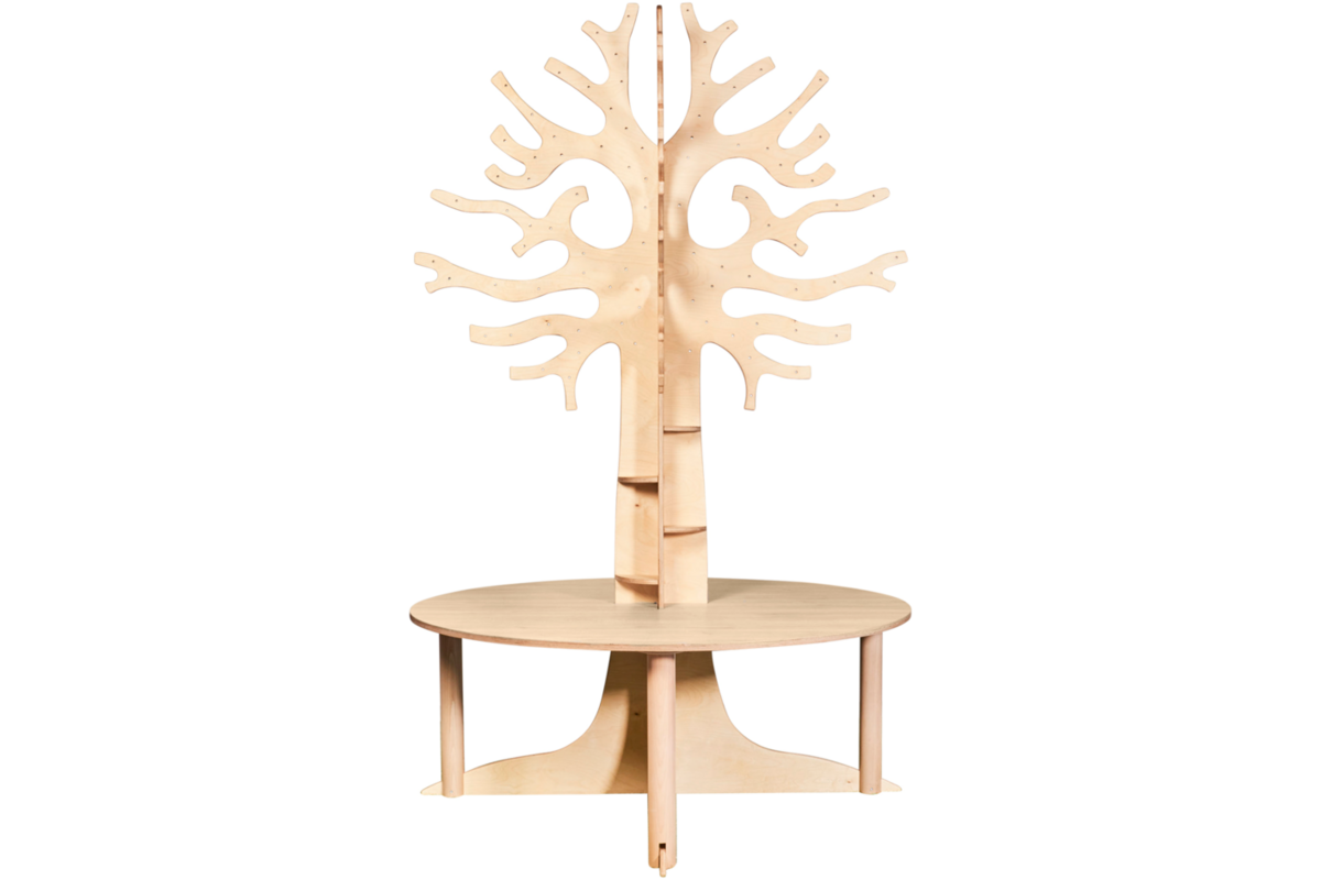 Tafelboom 240cm (h), ronde tafel 150cm, F6 (76cm) HPL blad wit eiken