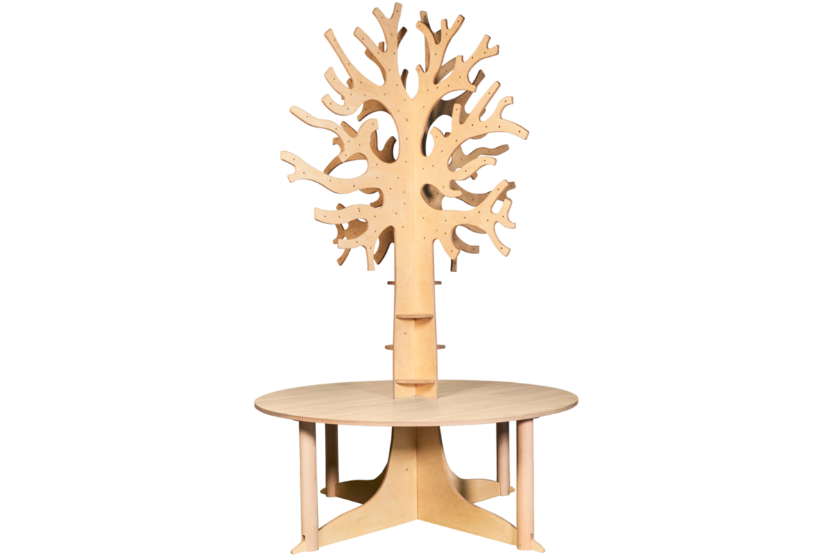 Tafelboom 240cm (h), ronde tafel 150cm, C3 (59cm) HPL blad wit eiken