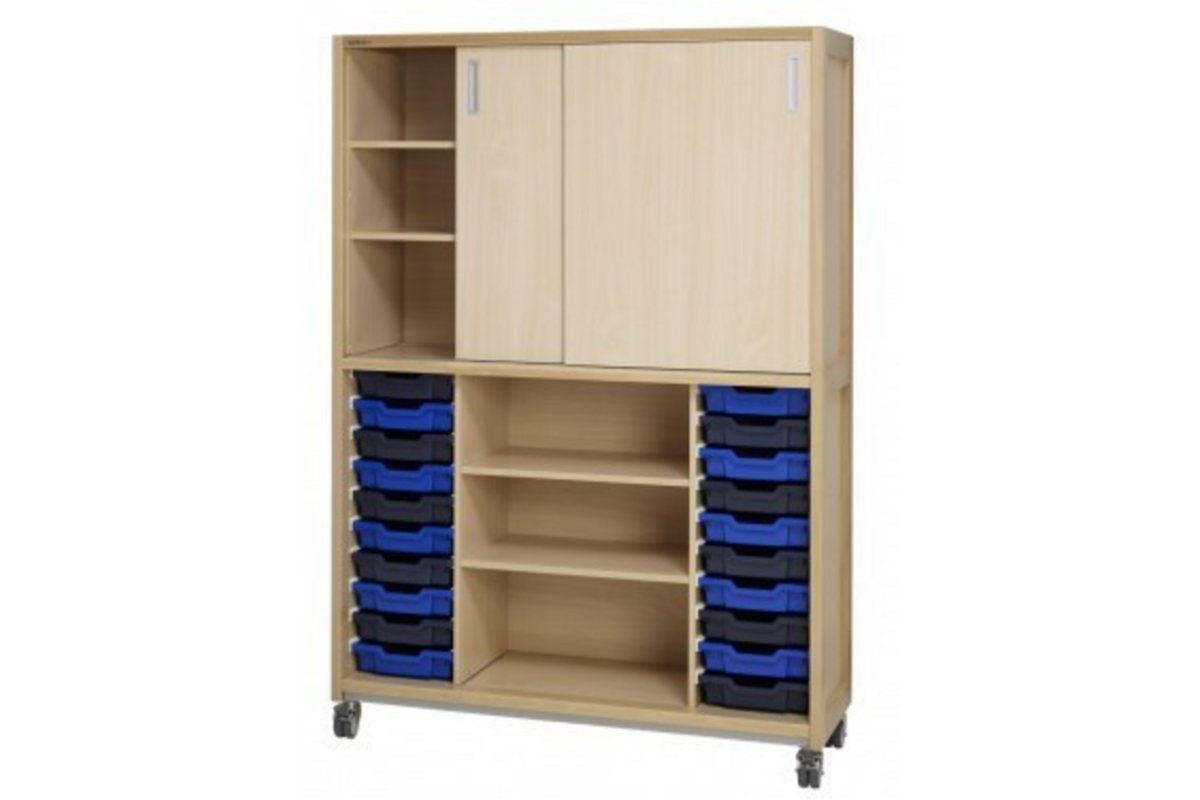Kast 640 serie Ahorn., boven 4 leg- pl.+deuren,onder 20 laden en legpl