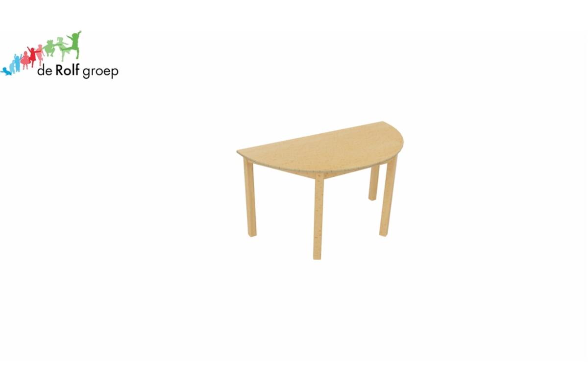 Tafel halfrond 140 × 70, 53 cm hoog, beuken blad, onderstel beuken
