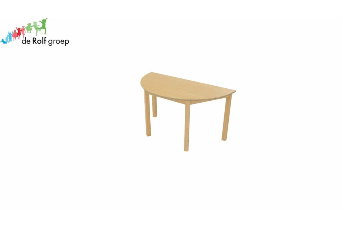 Tafel halfrond 140 × 70, 53 cm hoog, beuken blad, onderstel beuken