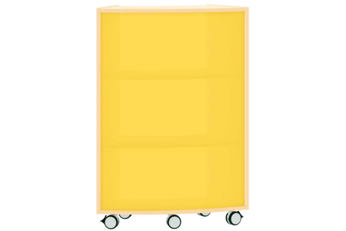 Boogkast op 5 wielen, acryl achterwand geel aan buitenkant 45°, ahorn
