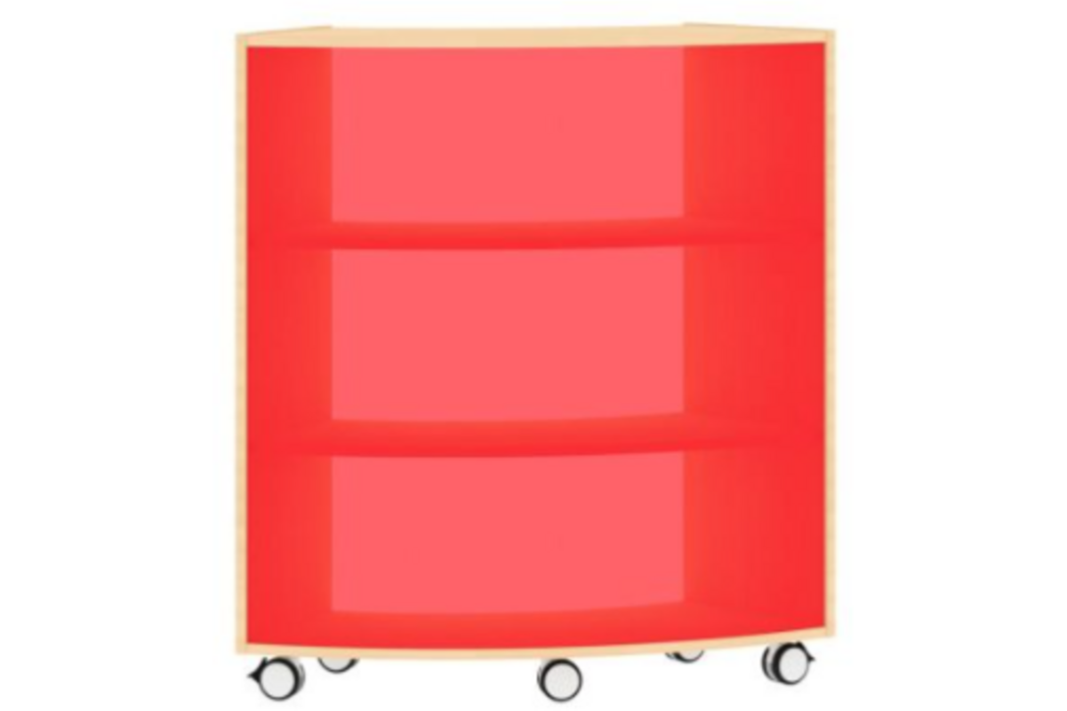 Boogkast op 5 wielen, acryl achterwand rood aan de buitenkant 60°, beuken