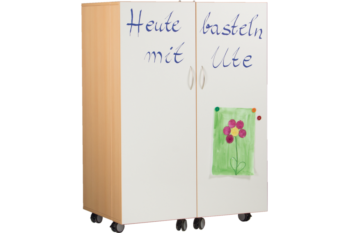 Klapkast Uni beuken verrijdbaar,  deuren whitebord, 105 x 68 x 146 cm