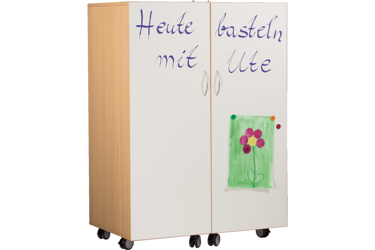 Klapkast Crea beuken verrijdbaar,  deuren whitebord, 105 x 65 x 146 cm