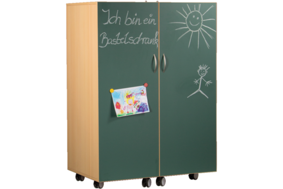 Klapkast Crea ahorn verrijdbaar, deuren krijtbord, 105 x 65 x 146 cm