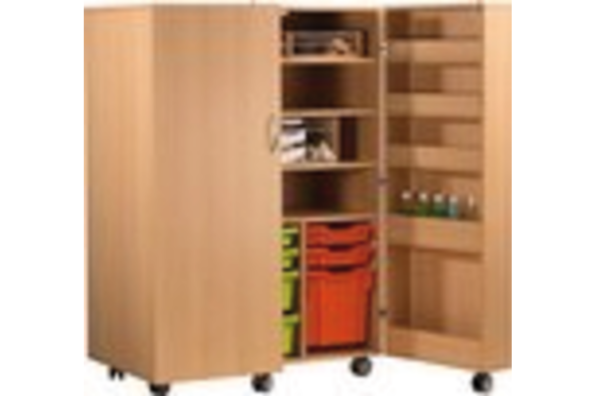 Klapkast Uni ahorn verrijdbaar, deuren krijtbord, 105 x 68 x 146 cm