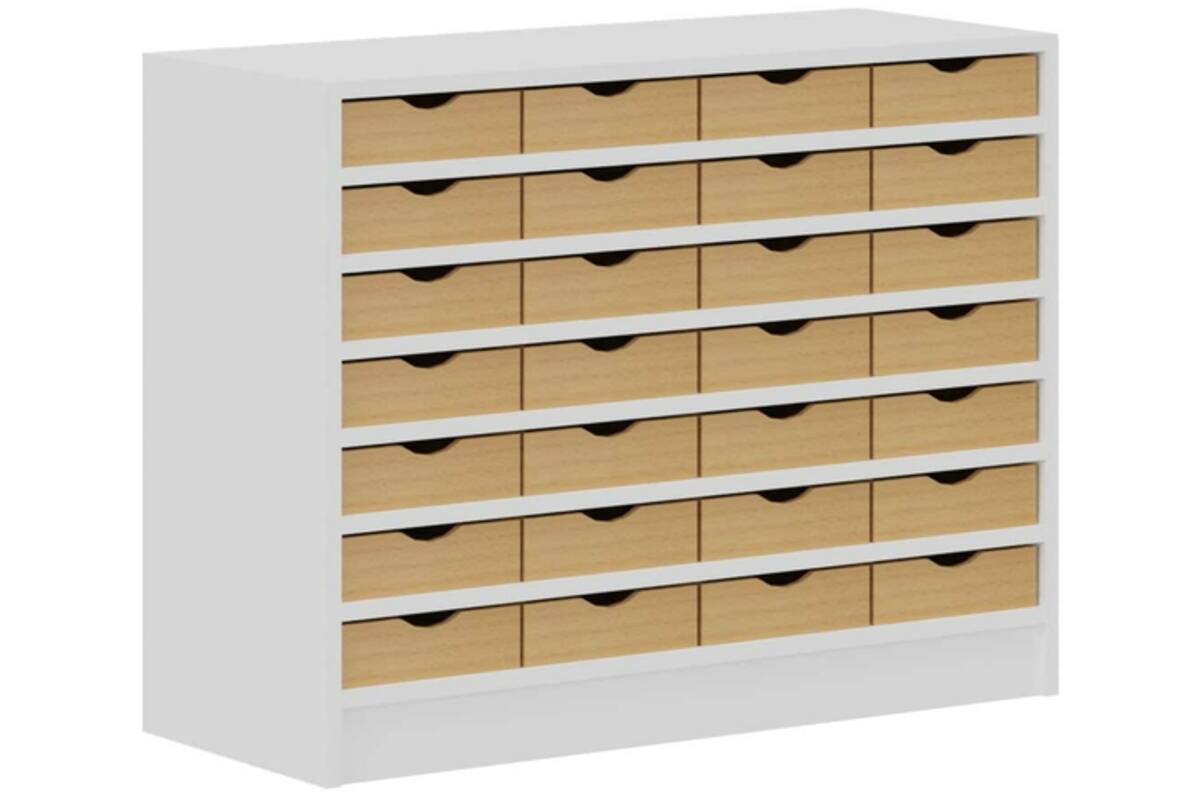 Kast met 28 lades van hout, wit, 100 cm breed, 77 cm hoog