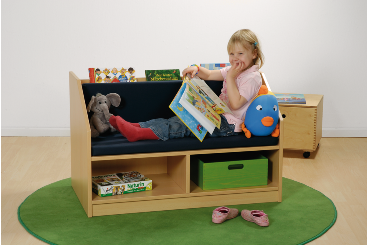 Boekenkast-en-bankje-in-één Beuken, zithoogte 34 cm, kussens blauw
