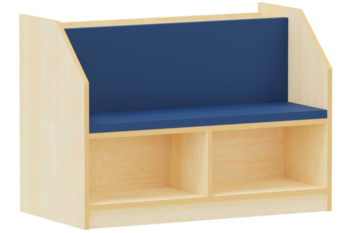 Boekenkast-en-bankje-in-één Ahorn, zithoogte 34 cm, kussens blauw