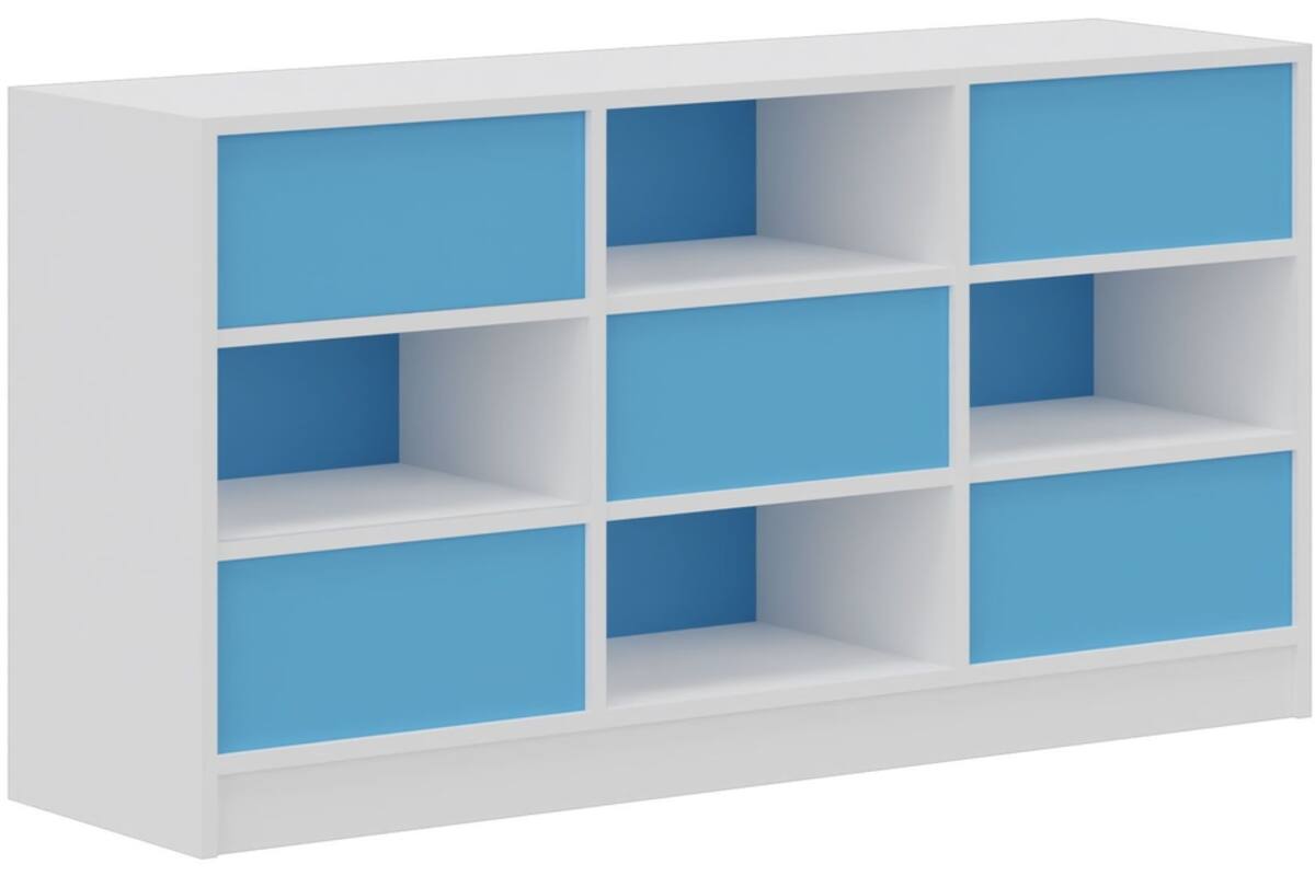 Kast ruimteverdelend wit | achterwanden lichtblauw, breedte 149 cm