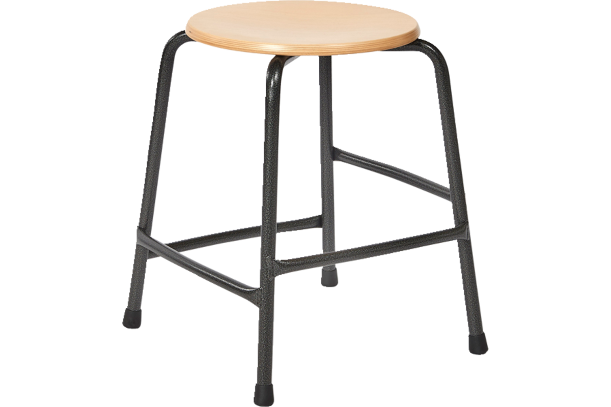 Taboeret stapelbaar metaal 50 cm hoog zwart met beuken zitting met verspringende voetsteunen
