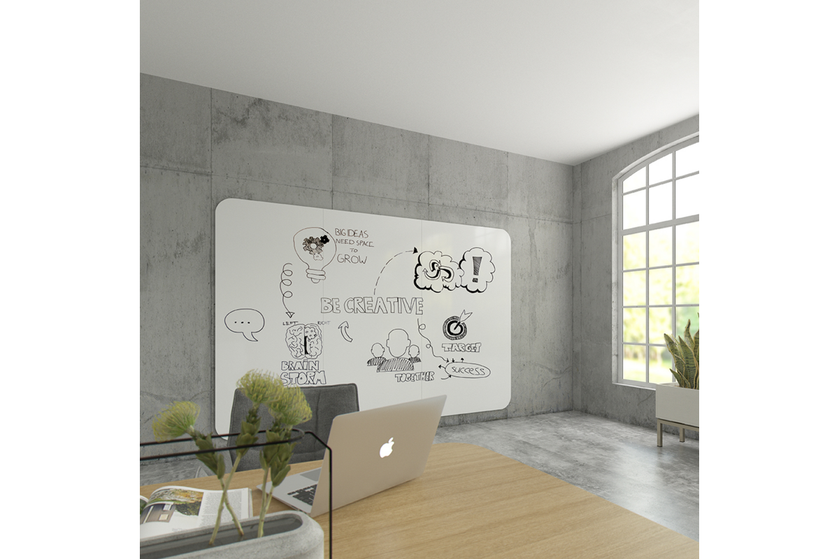 Whiteboard VisuWall met zwarte rand en afgeronde hoeken,  294 × 198 cm