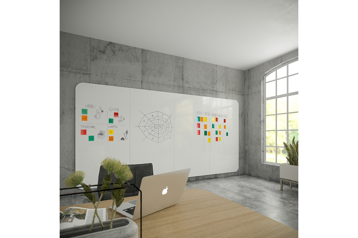 Whiteboard VisuWall met zwarte rand en afgeronde hoeken,  490 × 198 cm