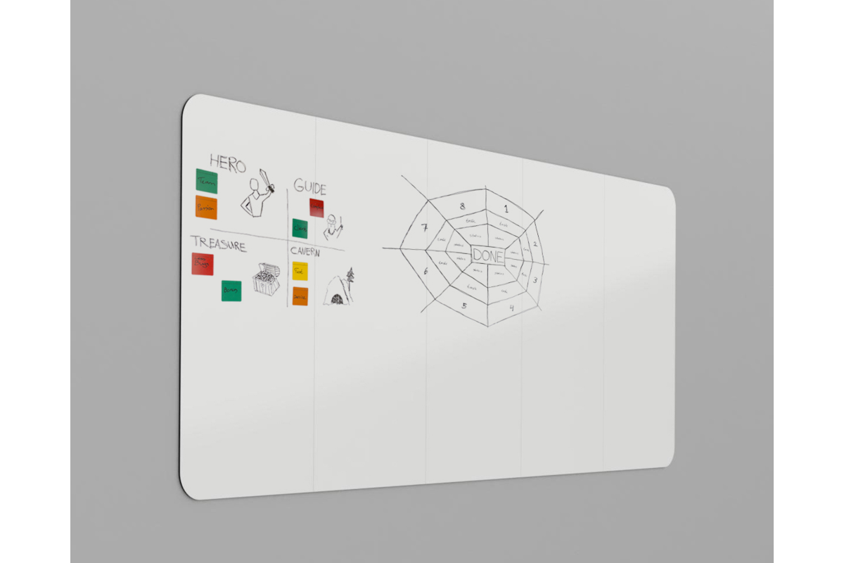 Whiteboard VisuWall met zwarte rand en afgeronde hoeken,  490 × 198 cm