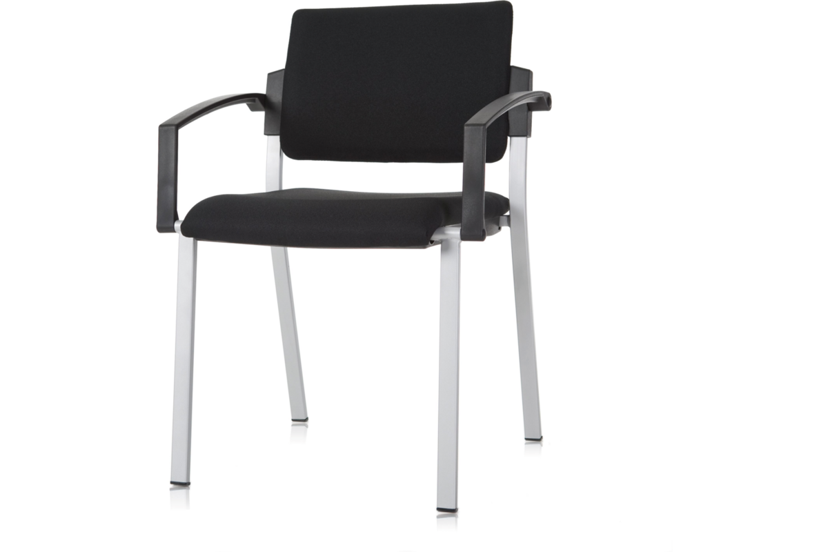 Stoel Rome, rug en zit stof zwart, met armleggers, alu frame stapelB.
