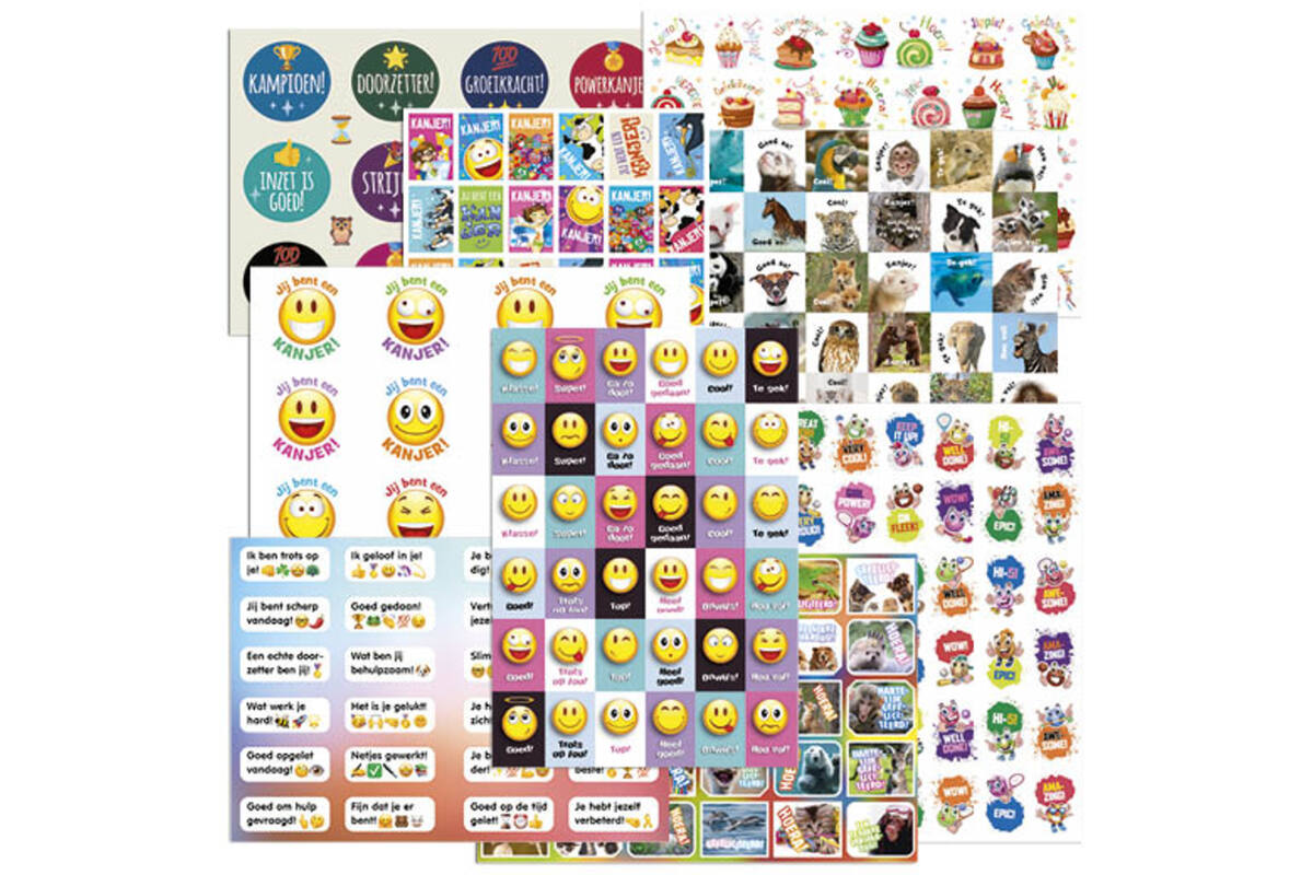 Beloningsstickers Mix Teksten 319002, 15 motieven per vel, 720 stuks
