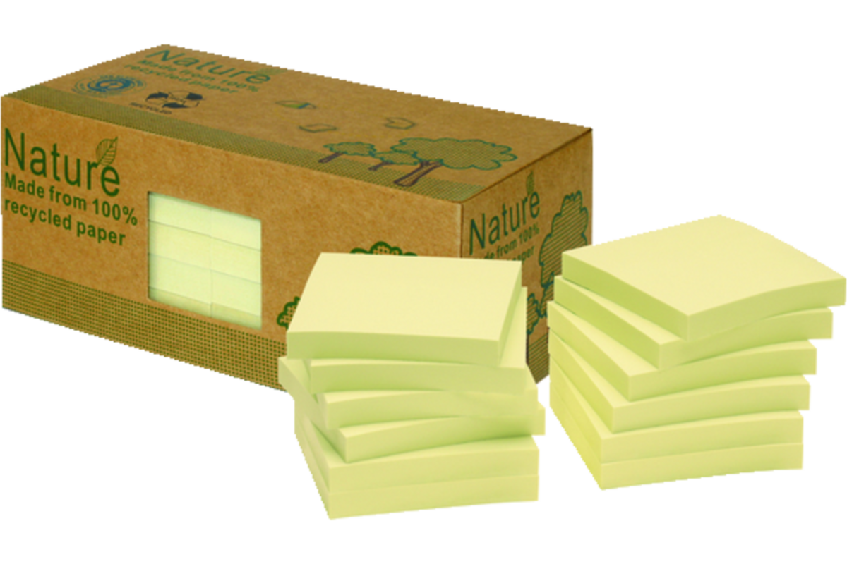 Memoblaadjes 75 x 75 mm geel recycled, 12 blok a 100 vel