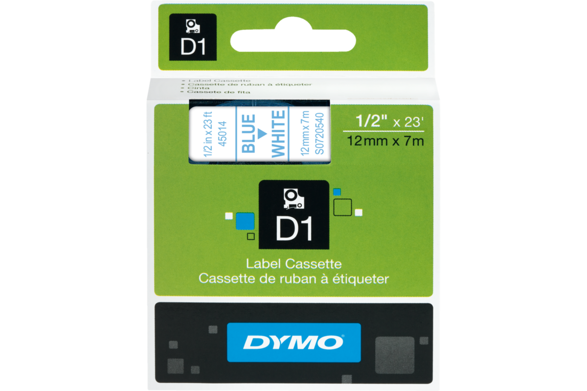 Lettertape Dymo 12 mm D1 wit/blauw