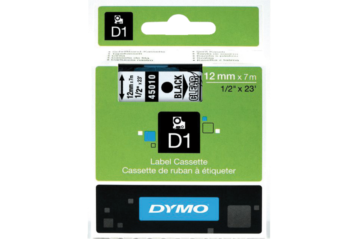 Lettertape Dymo 12 mm D1 transparant/zwart