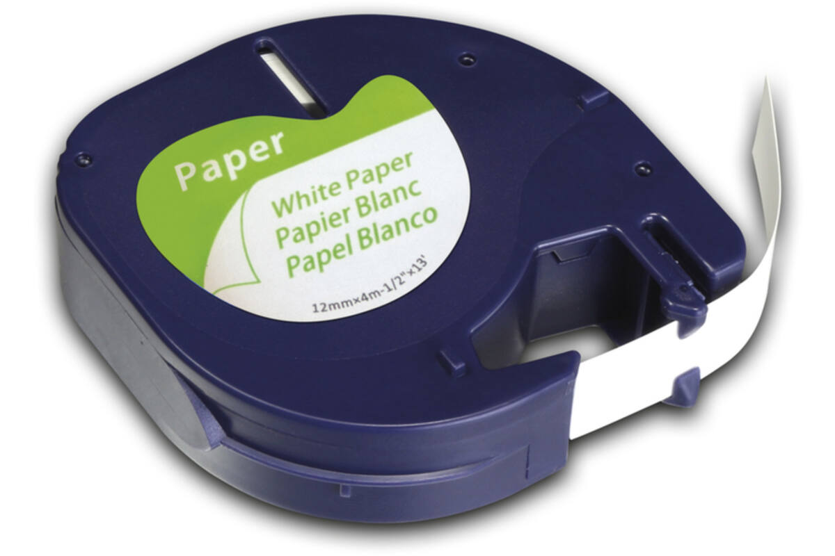 Lettertape 12mm x 4m wit papier (compatible met  Dymo LetraTag)