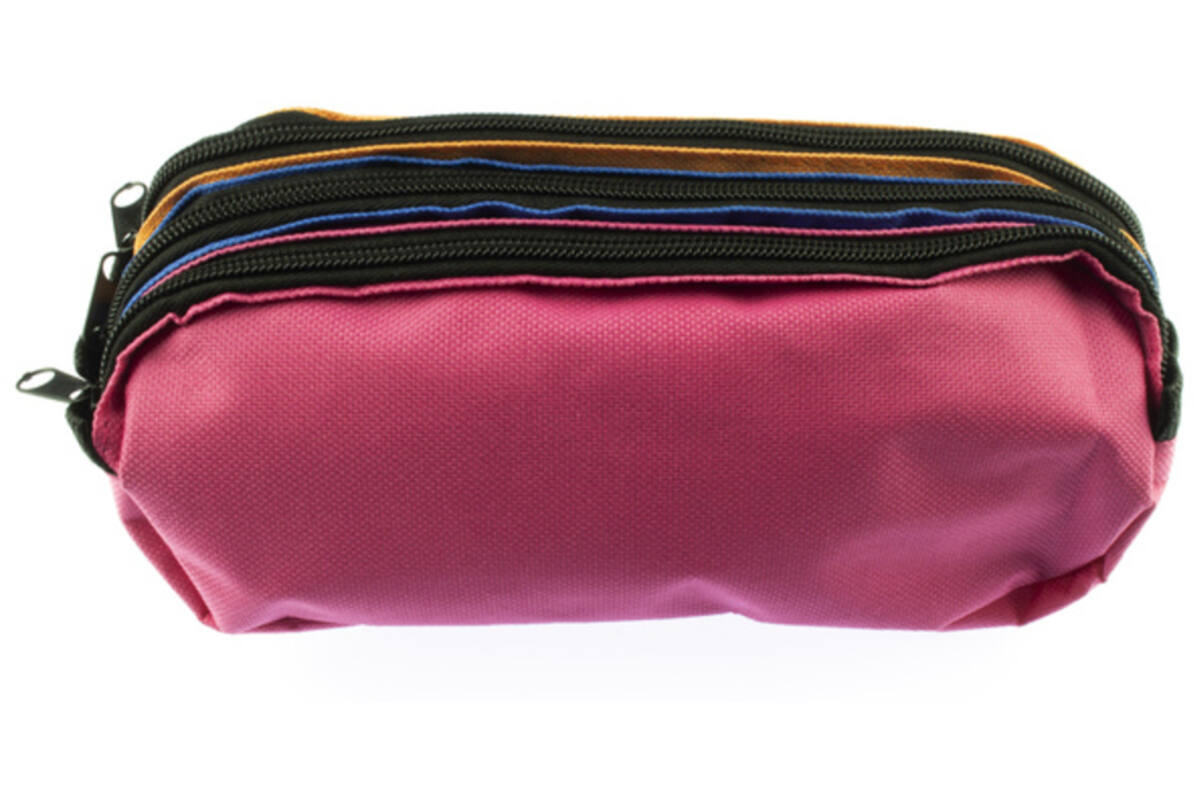 Schooletui 3-vaks oranje/ blauw/fuchsia ca 25 x 9 x 11 cm