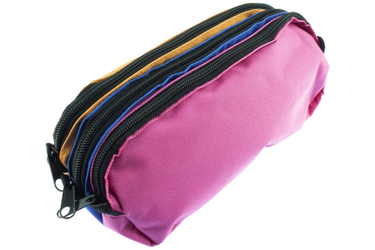 Schooletui 3-vaks oranje/ blauw/fuchsia ca 25 x 9 x 11 cm