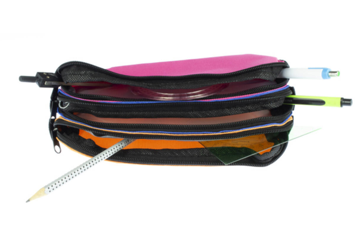 Schooletui 3-vaks oranje/ blauw/fuchsia ca 25 x 9 x 11 cm