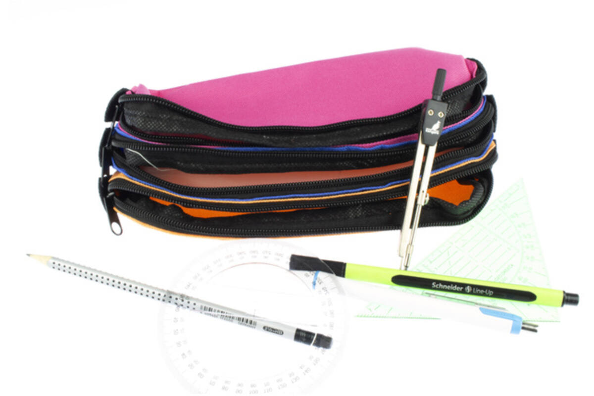 Schooletui 3-vaks oranje/ blauw/fuchsia ca 25 x 9 x 11 cm