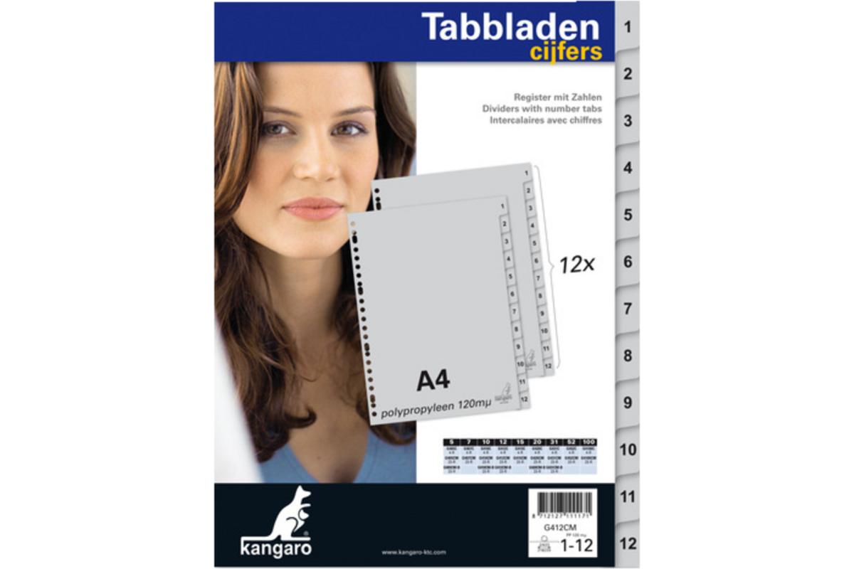 Tabbladen Kangaro A4 cijfers PP 120mµ grijs 23-rings 12-delig