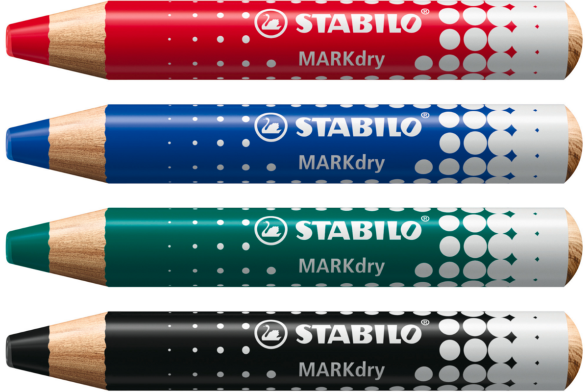 Whiteboardpotlood STABILO MARKdry assorti 4 stuks, incl. slijper en wisdoek