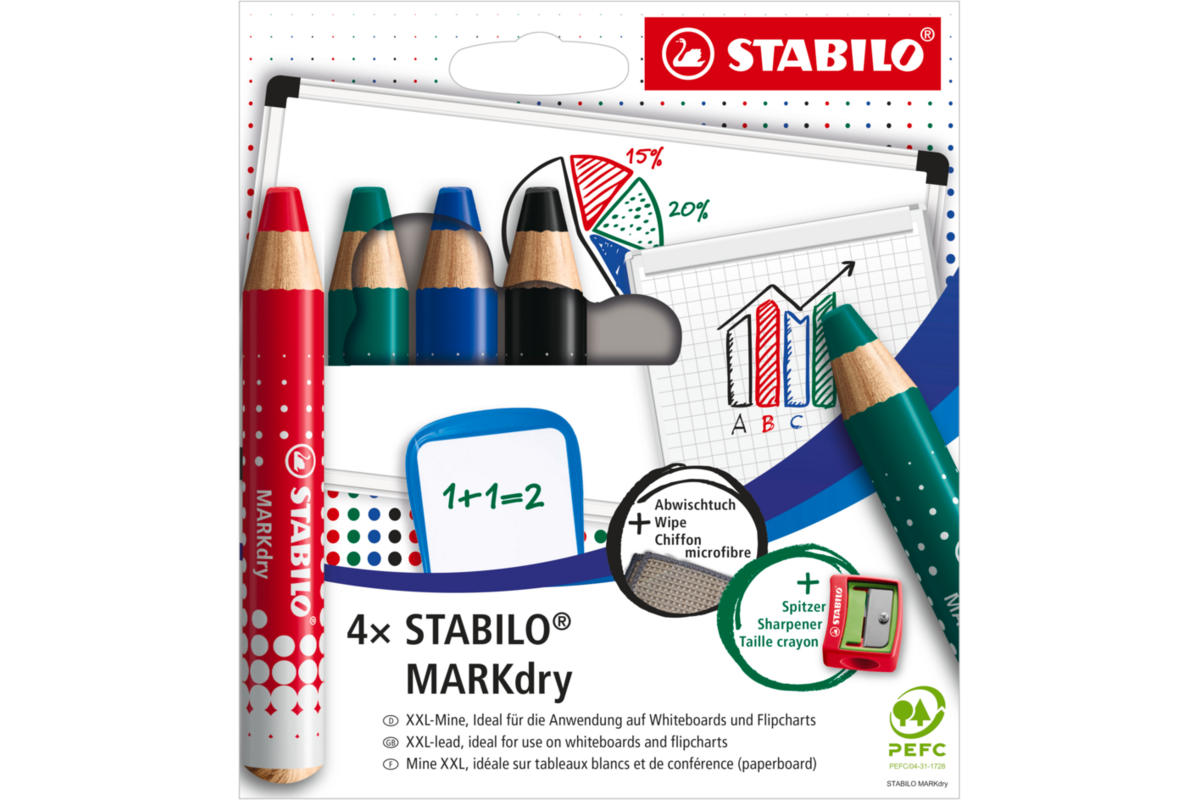 Whiteboardpotlood STABILO MARKdry assorti 4 stuks, incl. slijper en wisdoek