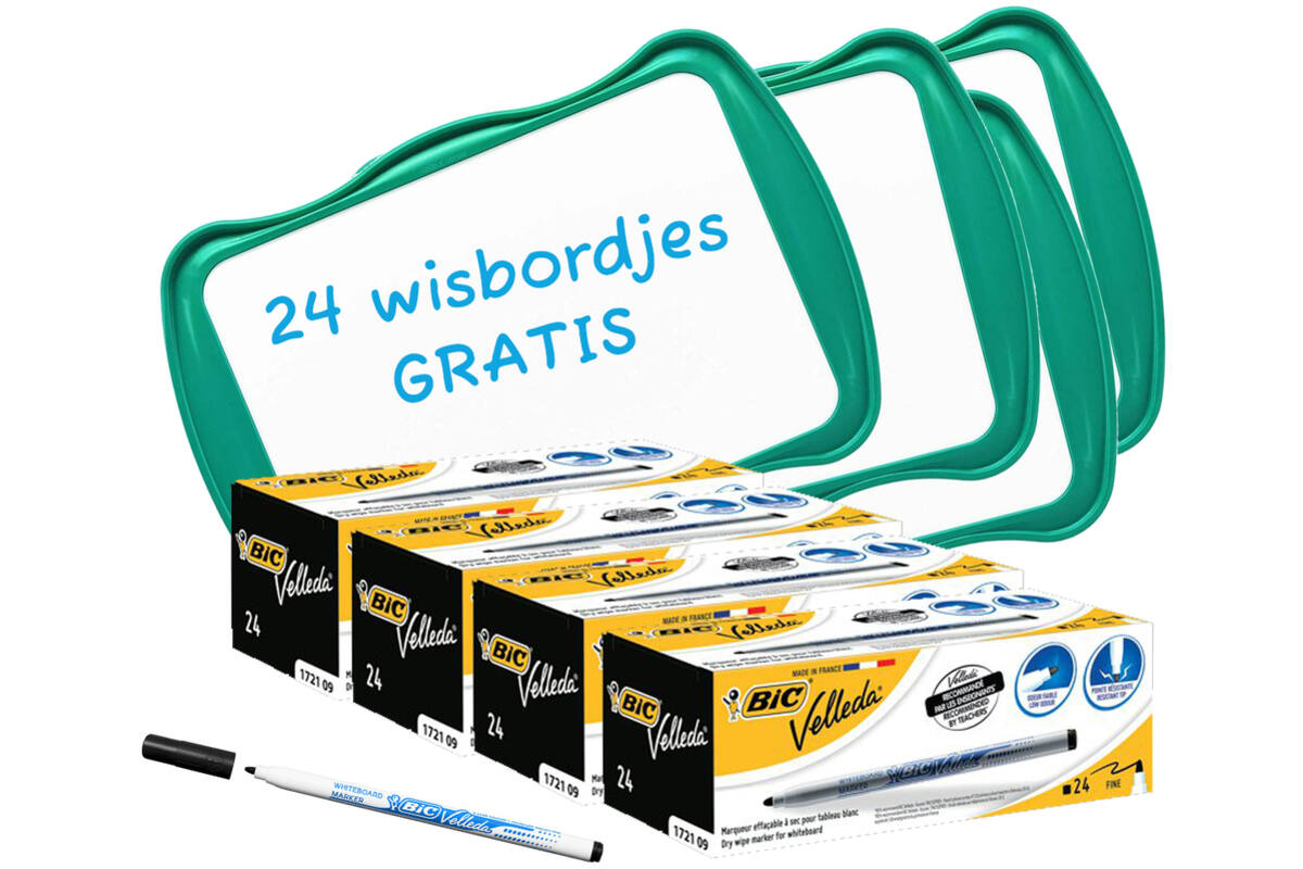 Whiteboardmarkers BIC 1721 zwart, 144 stuks + 24 wisborden Combi-Deal