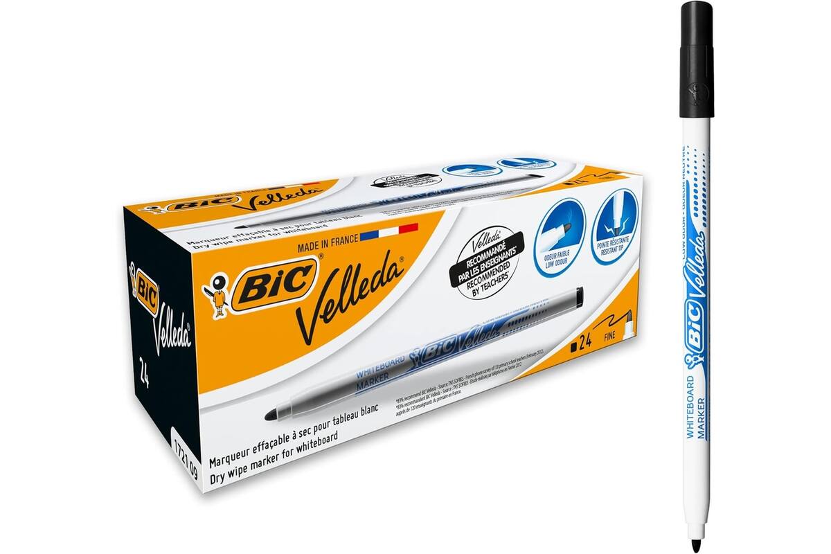 Whiteboardmarkers BIC 1721 zwart, 144 stuks + 24 wisborden Combi-Deal