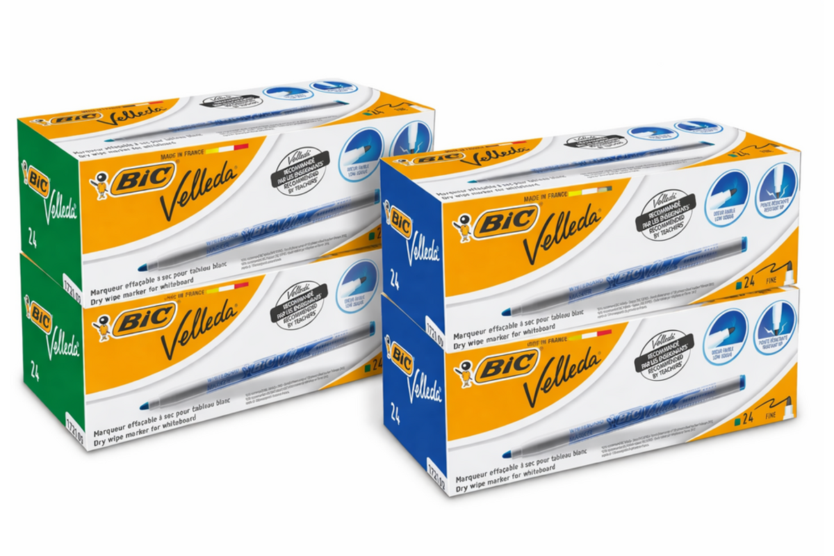 Whiteboardstiften BIC Velleda 1721 voordeelpak blauw en groen, 96 stuks