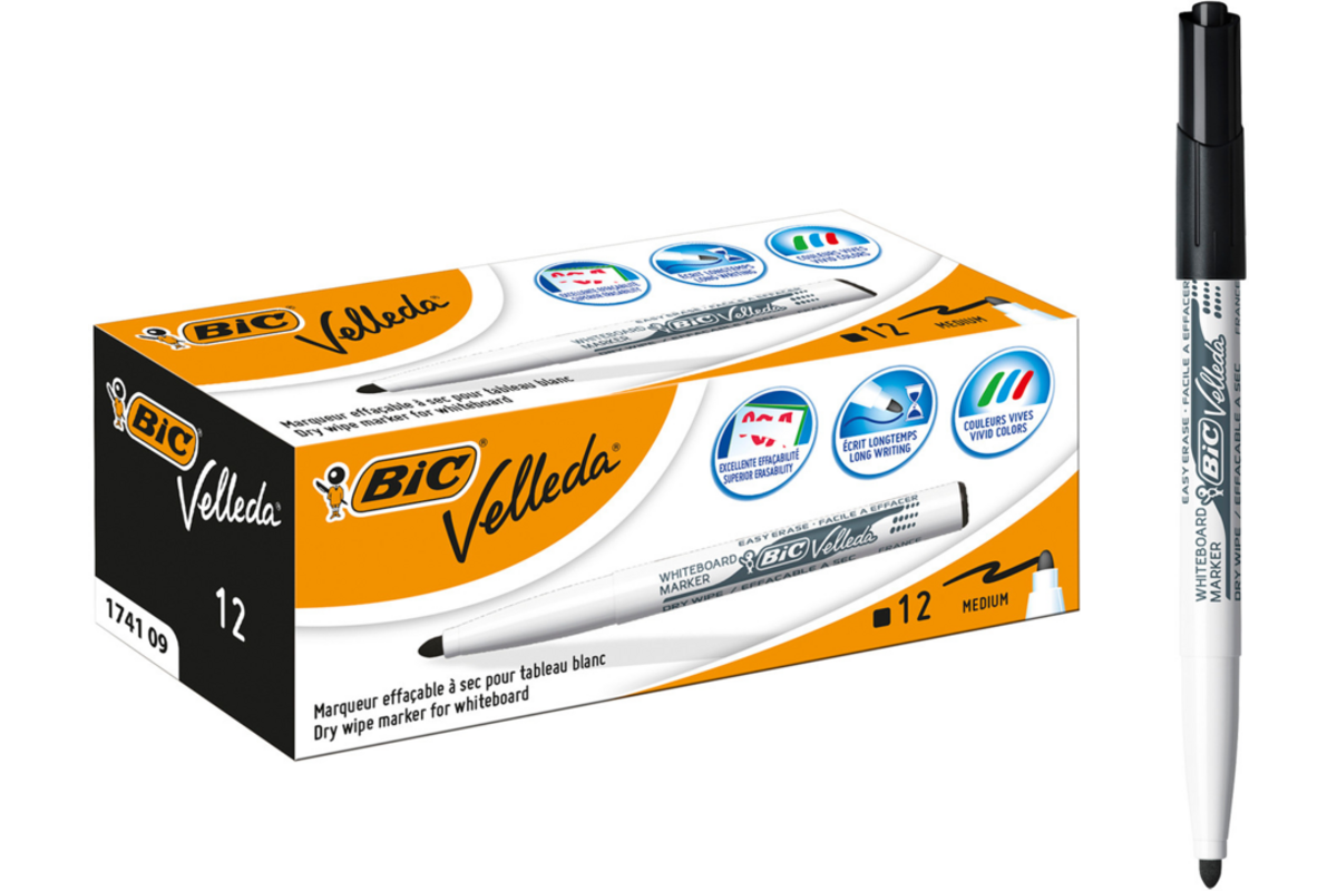 Whiteboardstiften BIC Velleda 1741 zwart, 12 stuks