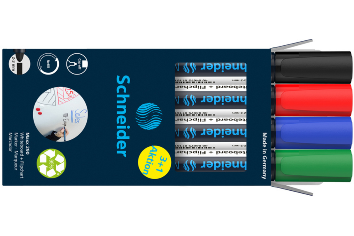 Whiteboardstiften Schneider Maxx 290 ronde punt navulbaar assorti, 4 stuks