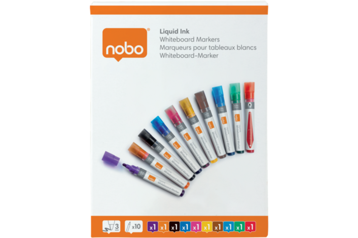 Whiteboardstiften Nobo Liquid Ink ronde punt 3 mm assorti, 10 stuks