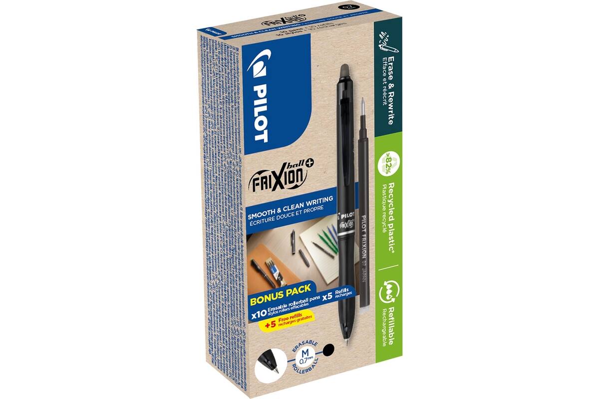 Rollerpen Pilot Frixion Ball plus medium zwart, 10 stuks incl. 10 navulling