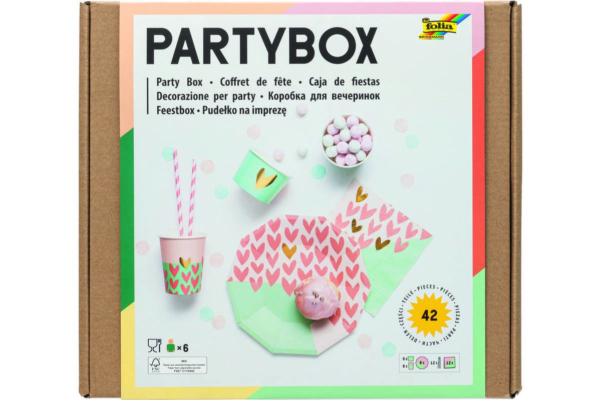 Party-Box roze hartjes, 6-persoons (42-delig)