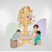 Tafelboom 240cm (h), ronde tafel 150cm, C3 (59cm) HPL blad wit eiken
