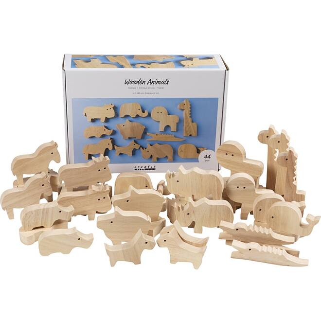 Houten dieren boerderij en safari 3-14,5 cm dikte 2 cm, 44 stuks
