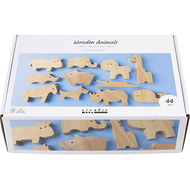 Houten dieren boerderij en safari 3-14,5 cm dikte 2 cm, 44 stuks