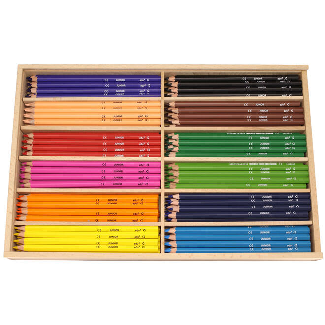 Kleurpotloden edu³ Junior 7,6 mm assorti, 144 stuks in houten kist