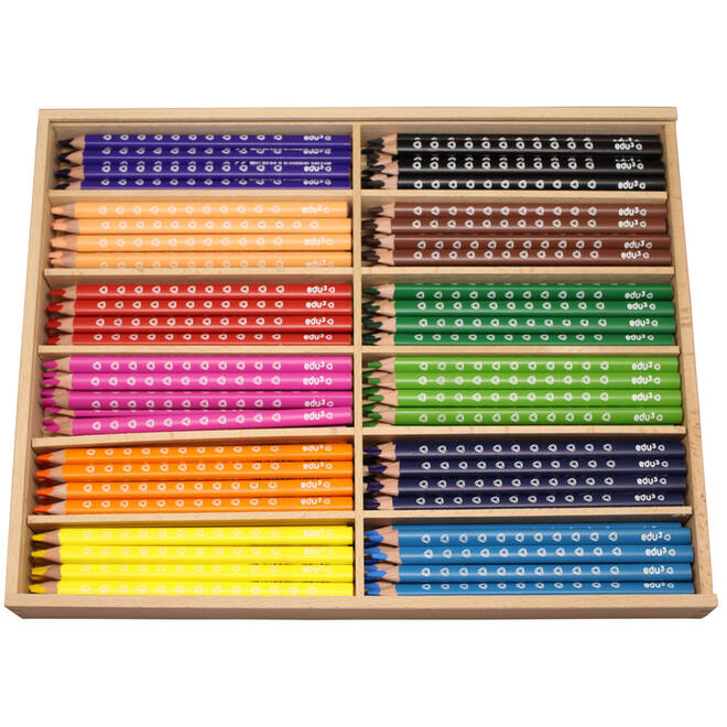 Kleurpotloden edu³ Jumbo 9,6 mm driekantig assorti, 144 stuks in houten kist