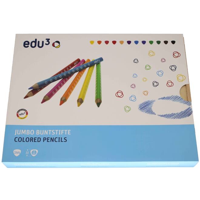 Kleurpotloden edu³ Jumbo 9,6 mm driekantig assorti, 144 stuks in houten kist