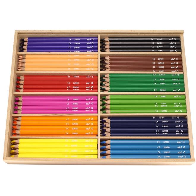 Kleurpotloden edu³ Jumbo 9,6 mm assorti, 144 stuks in houten kist