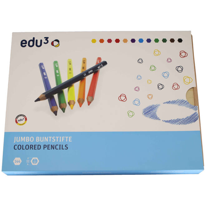 Kleurpotloden edu³ Jumbo 9,6 mm assorti, 144 stuks in houten kist