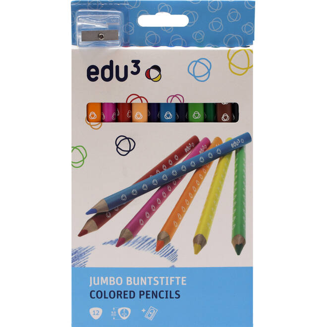Kleurpotloden edu³ Jumbo 9,6 mm driekantig assorti, 12 stuks met slijper